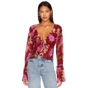 Free People Of Paradise Floral Bell Sleeve Blouse Sheer Boho Top Small NWT